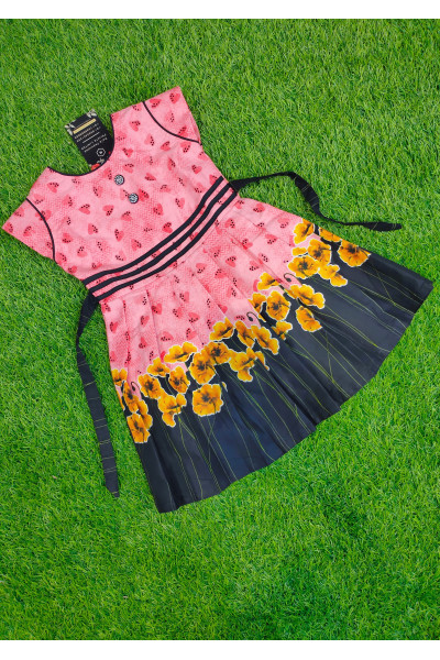 All Over Printed Pink Cotton Kids Dress (KR1708)